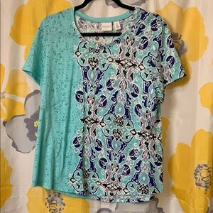 Chico's Green and Blue Graphic Asymmetrical T-Shirt